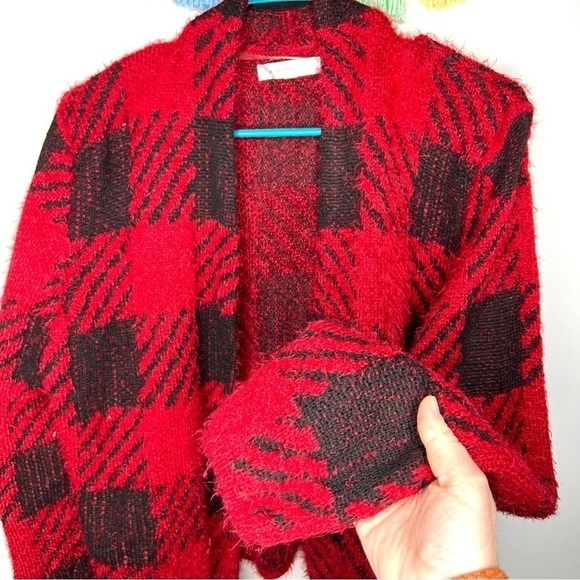 August Silk Feathered Buffalo Plaid Open Buffalo Check Cozy Soft Cardigan Large - Picture 5 of 9